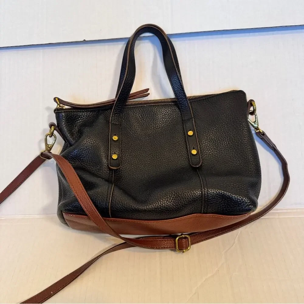 Fossil Black Brown Leather Hobo Shoulder Bag Handbag Purse Vintage Classic